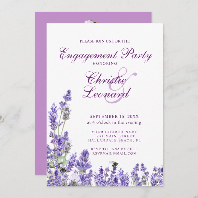 Convites Noivado de Casamento das Flores de Lavander Roxo E (Frente/Verso)