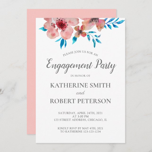 Convites Noivado De Casamento De Aquarela De Flores Rosa El (Frente/Verso)