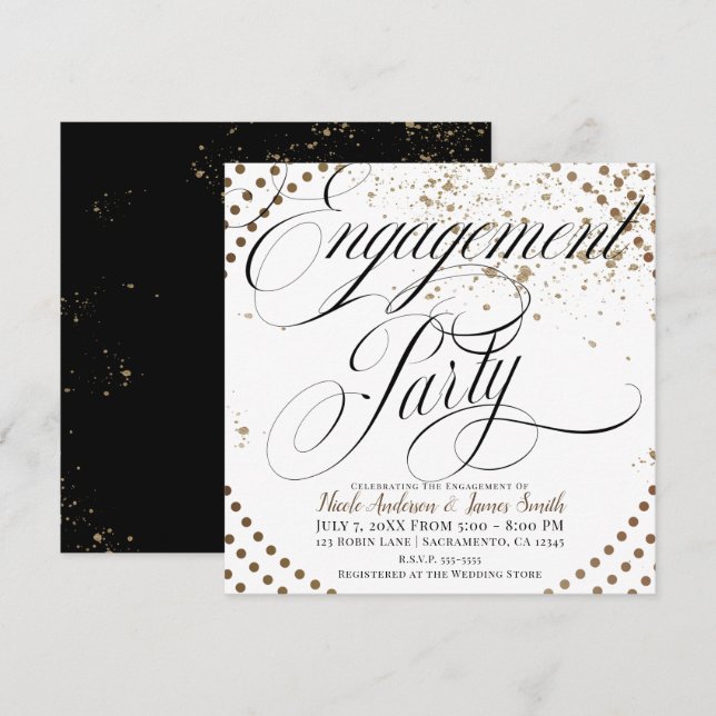 Convites Noivado de Casamento Moderno Chic Bronze Preto (Frente/Verso)