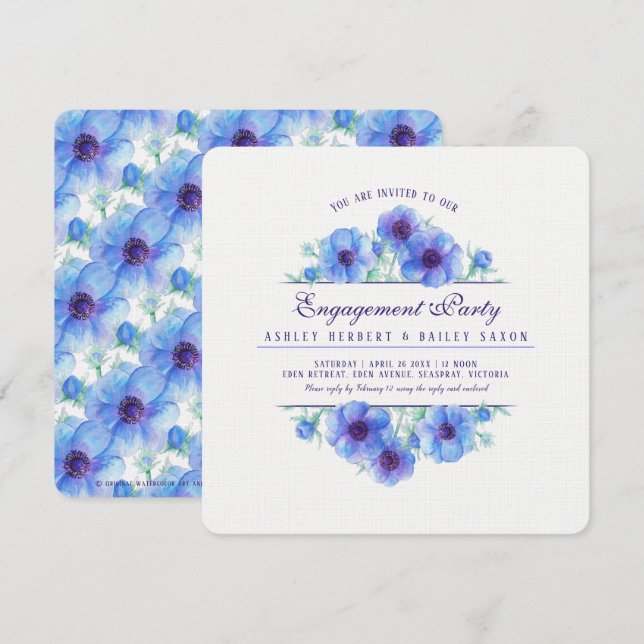 Convites Noivado de cor de água floral anêmona azul (Frente/Verso)