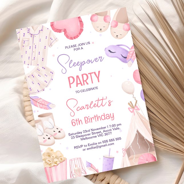 Convites Noivado de Festa de Sonepover, Meninas Roxas Rosa (Purple Pink Sleepover Party Birthday Invitation For Girl Teepee Sleepover Themed Birthday Pajamas)