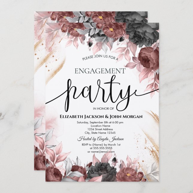 Convites Noivado de Flores de Aquarela de outono (Frente/Verso)