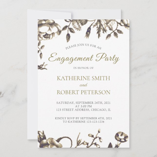 Convites Noivado de Flores Douradas Elegantes Clássicas (Frente)