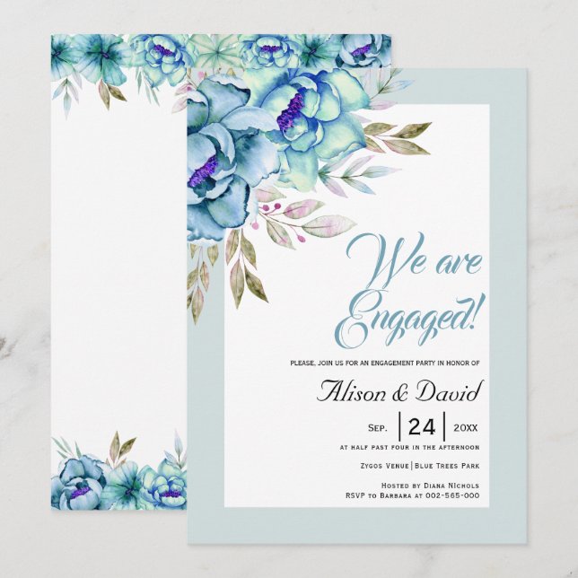 Convites Noivado de flores verdes, azuis e hortelã (Frente/Verso)