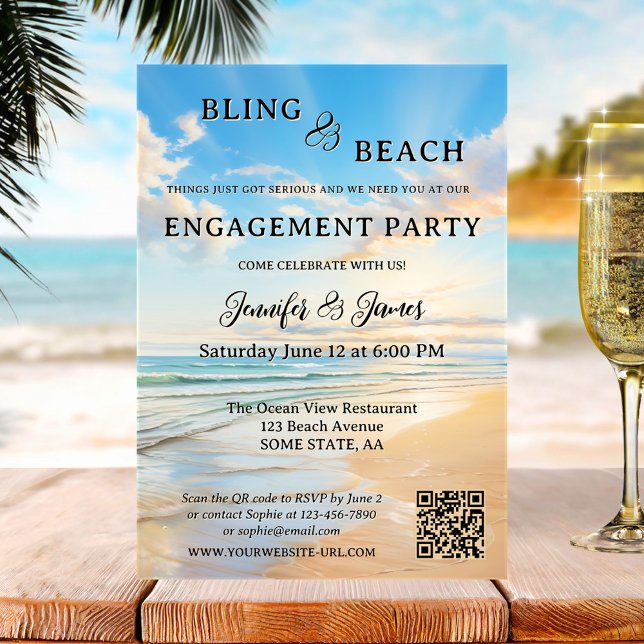 Convites Noivado de Fotografia Bling and Beach (Modern engagement party invitation featuring a watercolor painting of a beach on a beautiful day)
