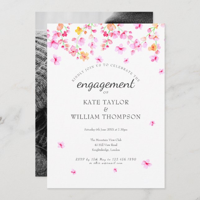 Convites Noivado de Fotografia Flor de Cores de Água Elegan (Frente/Verso)