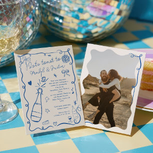 Convites Noivado de fotos ilustrado com azul retrô francês