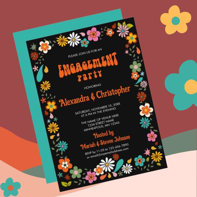 Convites noivado de fundo Funky Black inspirado nos anos 70 (Criador carregado)