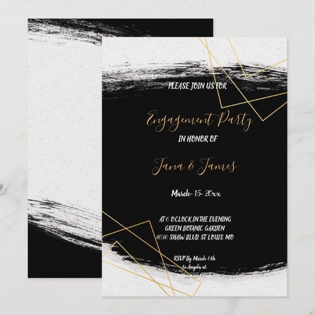 Convites Noivado de Geometr Preto e Dourado Moderno (Frente/Verso)