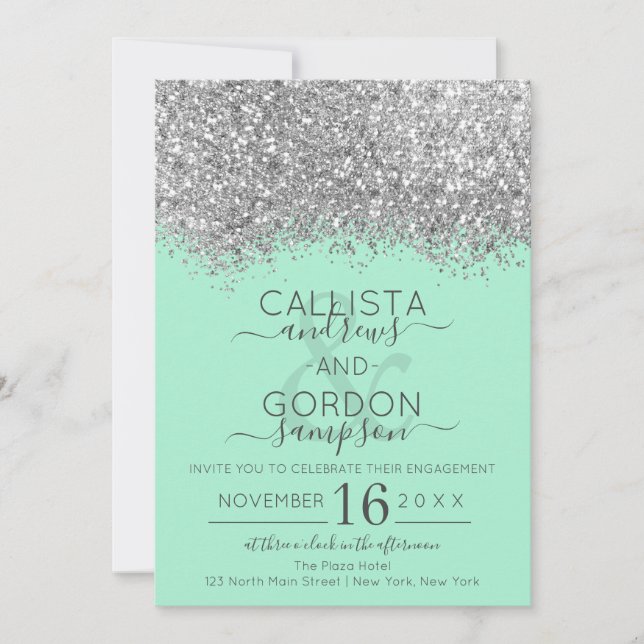 Convites Noivado de Luxo Silver Neo Mint Glitter Confetti (Frente)