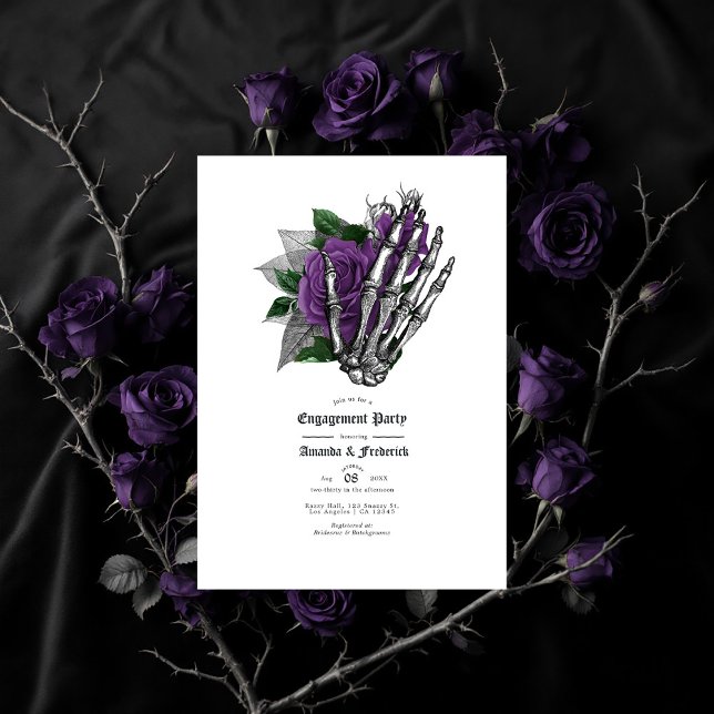 Convites Noivado de Mão e Rosa (Gothic Skeleton Hand and Purple Rose Engagement Invitation)