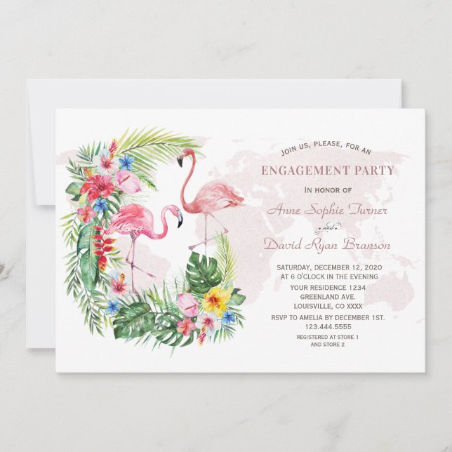 Convites Noivado de Mapa Mundial Dourado Tropical Exótica (Frente)