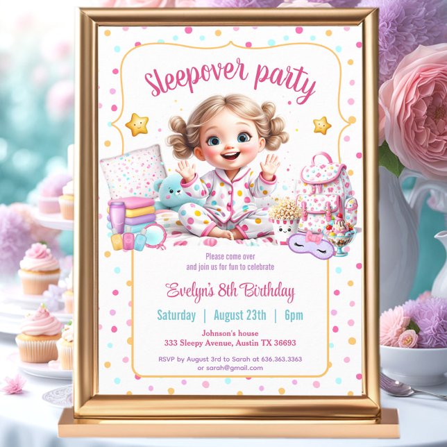 Convites Noivado de Menina Rosa-Rosa do Partido do Sono (Sleepover Slumber Party Pink Cute Girl Birthday Invitation
)