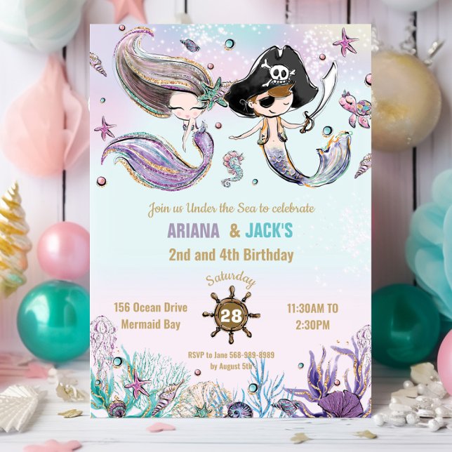 Convites Noivado de Piratas Gêmeas do Cabelo Castanho (mermaid and pirate twins brother sister joint pool birthday party invitation cards printed digital)