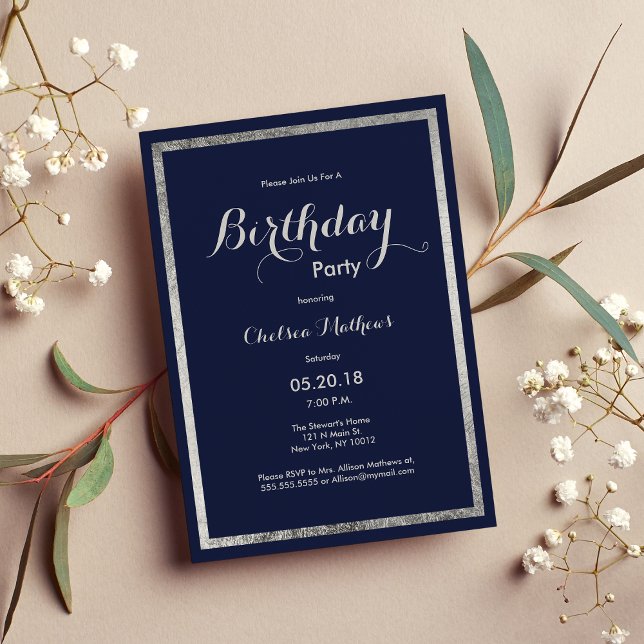 Convites Noivado de prata azul-azul-marinho elegante (Elegant modern navy blue faux silver Birthday Invitation)