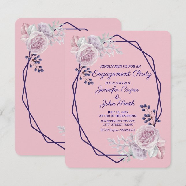 Convites Noivado de Quadros Geométricos Roxos (Frente/Verso)