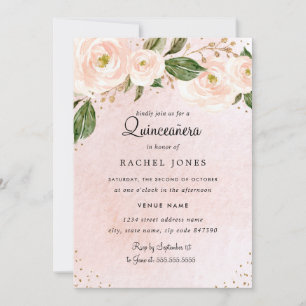 Convites Noivado de Quinceanera Floral Dourada e Rosa Blush