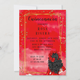 Convites Noivado de Quinceanera Moderno Vermelho e Dourado