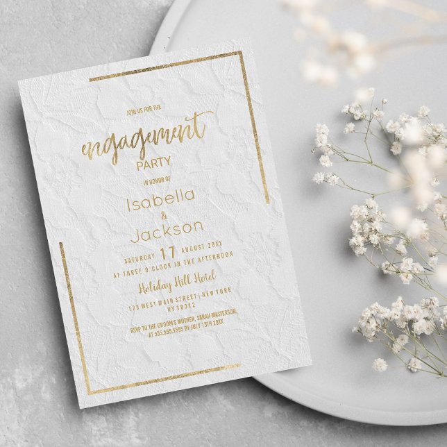 Convites Noivado de renda floral francês de ouro branco ele (Elegant white gold french floral lace Engagement Invitation)