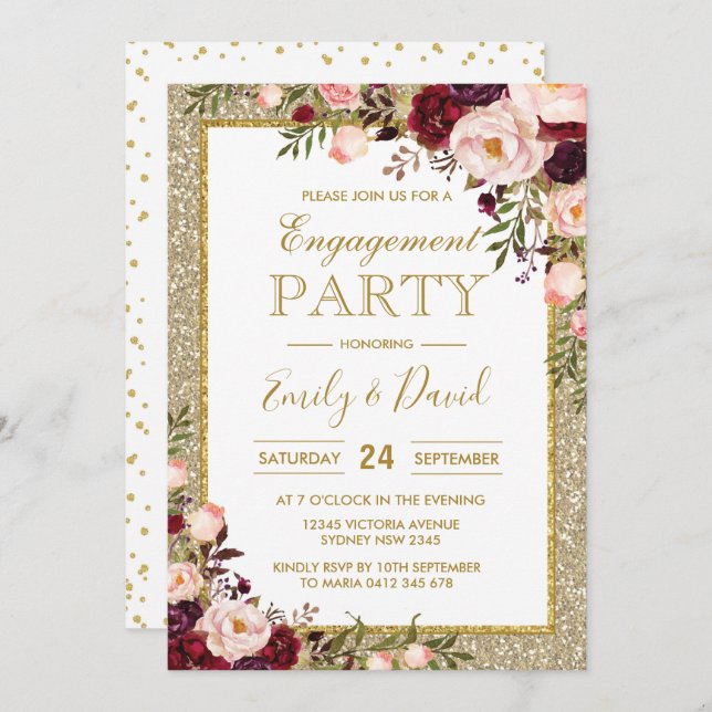 Convites Noivado de Rosas Burgundy Bling Watercolor (Frente/Verso)