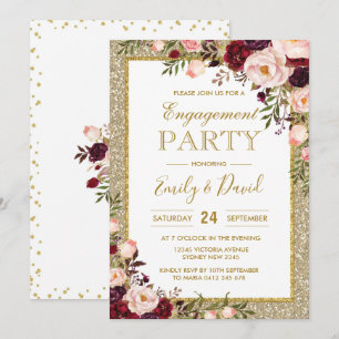 Convites Noivado de Rosas Burgundy Bling Watercolor