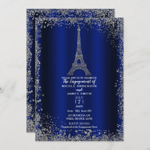 Convites Noivado de Torre Eiffel Real Blue Silver Glitter