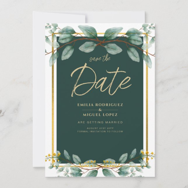 Convites Noivado de Verde Save Date Verde Dourado Moderno (Frente)