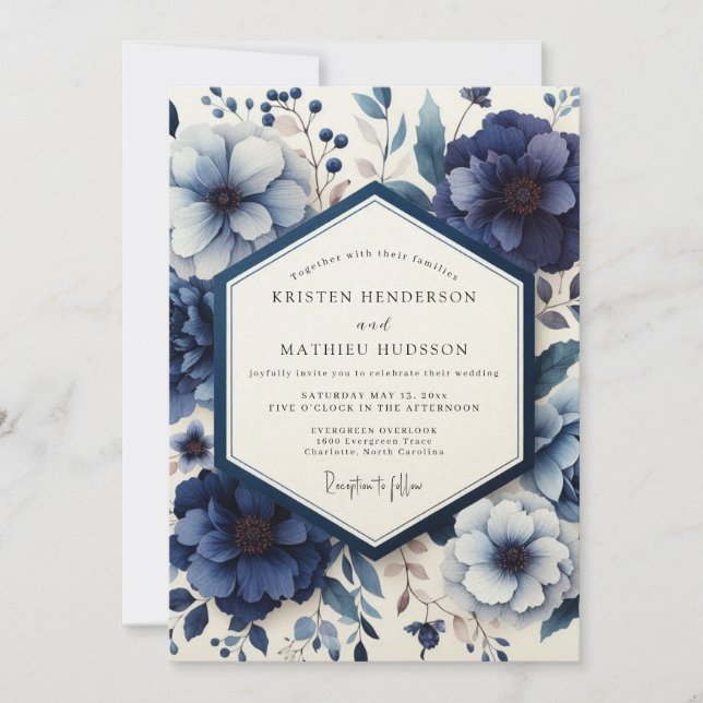 Convites Noivado Deep Blue Moody Bloom (Frente)