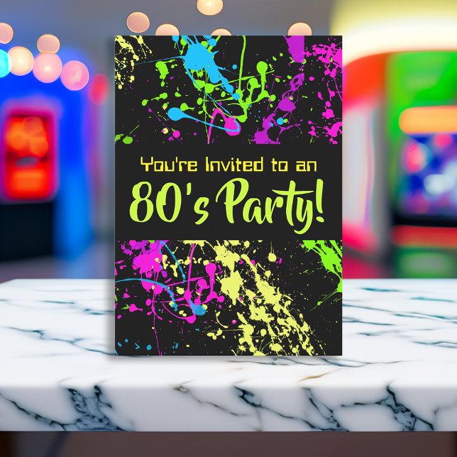 Convites Noivado do Neon Paint Splatter do Partido 80 (custom 80s birthday party invitation decorations)