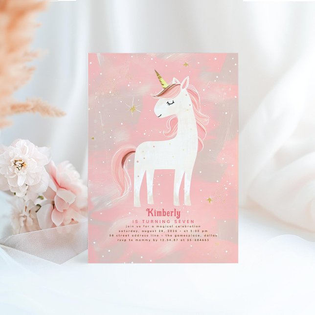 Convites Noivado do Unicórnio Mínimo, Rosa e Dourado (Unicorn Birthday Invitation Pink Beige and Gold)