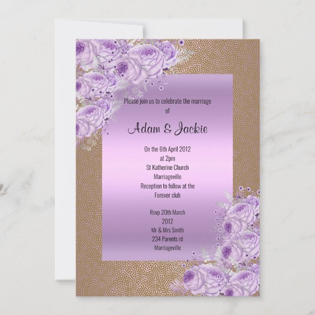 Convites Noivado Dourado de Casamento Elegante Roxo Lilac (Frente)
