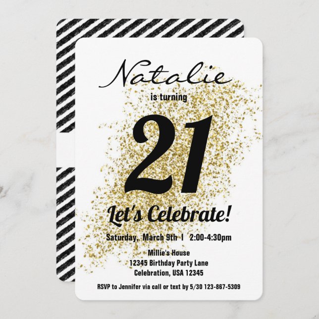 Convites Noivado Dourado de Confetti Black e White Girl (Frente/Verso)