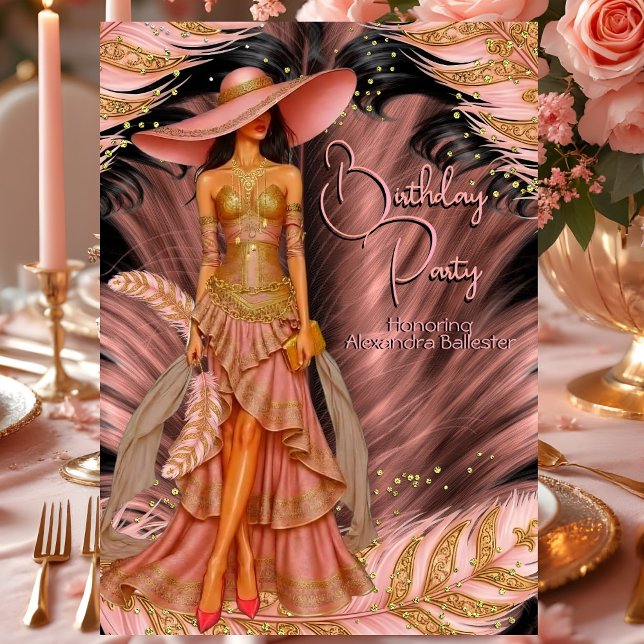 Convites Noivado Dourado de Penas Negras Rosa Exótico (Criador carregado)