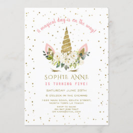 Convites Noivado Dourado de Unicórnio Floral Branco Magia