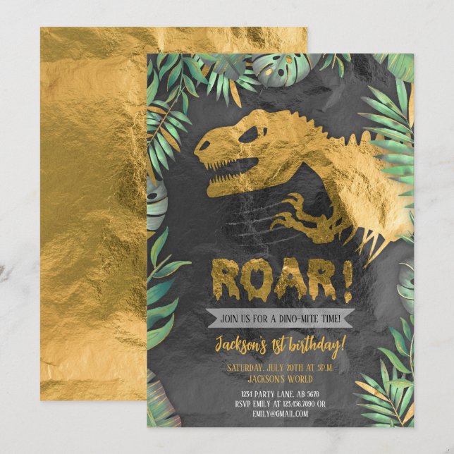 Convites Noivado Dourado do Dinossaur Roar (Frente/Verso)