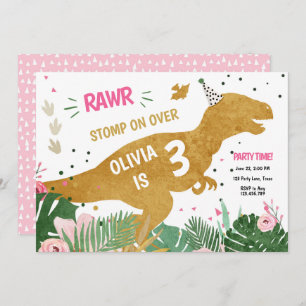 Convites Noivado Dourado do Dinossauro Três Rex Dino