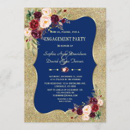 Convites Noivado Dourado Floral Azul-Blush Marinho Real