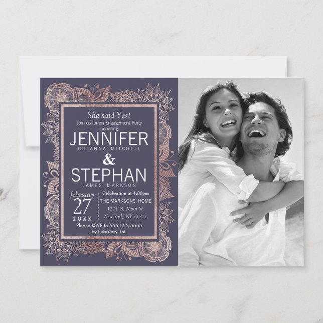 Convites Noivado Dourado Floral e Marinho Azul (Frente)