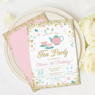 Convites Noivado Dourado Rosa, Glitter Tea Party Girls