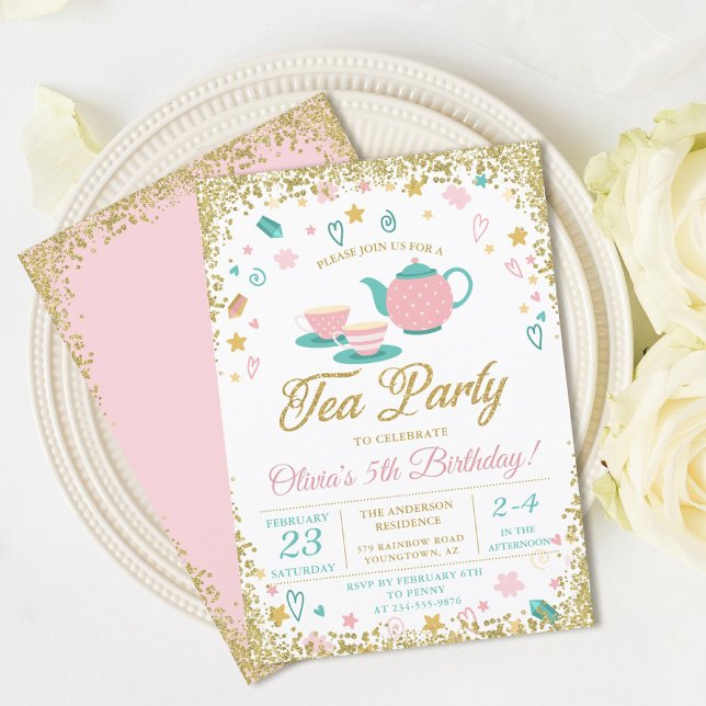 Convites Noivado Dourado Rosa, Glitter Tea Party Girls (Criador carregado)