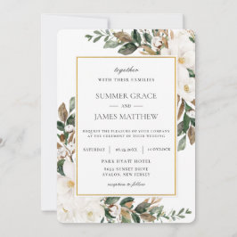 Convites Noivado Elegante Ivory Magnolia Floral Greenery