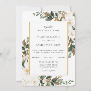 Convites Noivado Elegante Ivory Magnolia Floral Greenery