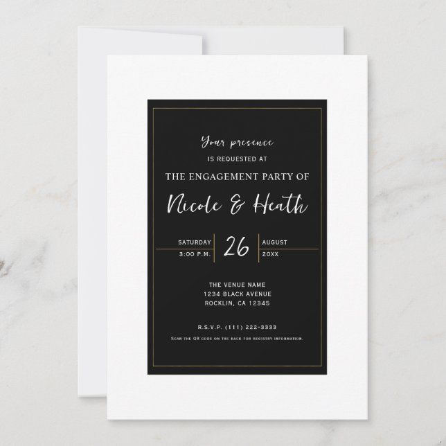 Convites Noivado Elegante Mínimo Dourado Branco Preto (Frente)