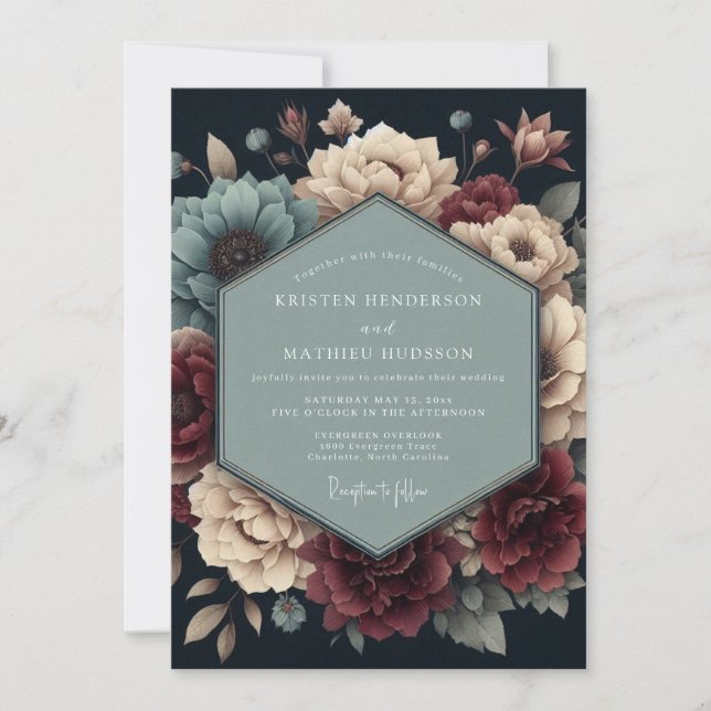 Convites Noivado Flor de Bloom Somber Burgundy Slate (Frente)