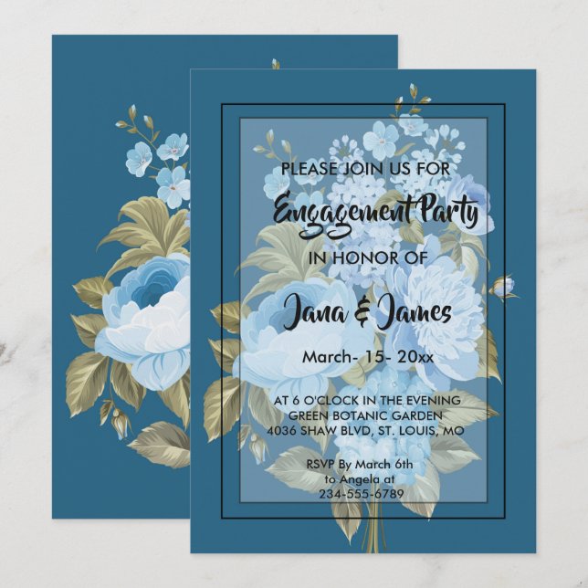 Convites Noivado floral azul-clássico (Frente/Verso)