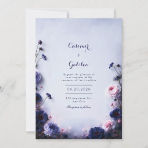 Convites Noivado Floral Border Casamento Tonalidade Índigo