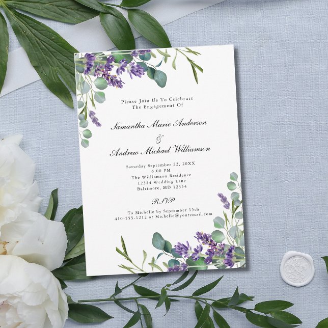 Convites Noivado Floral Botânico de Lavanda Eucalipto (Lavender Eucalyptus Floral Watercolor Elegant Formal Engagement Party Invitation)