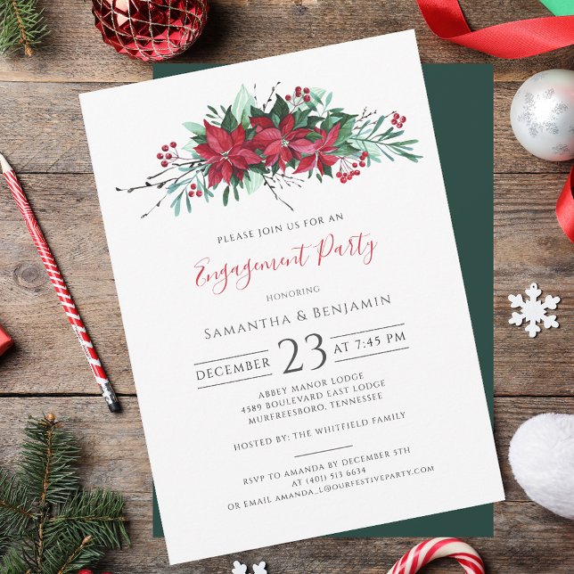 Convites Noivado Floral de Script do Partido Natal (Christmas Party Floral Script Engagement Invitation)