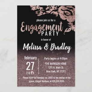 Convites Noivado floral do brilho Dourado do rosa do preto