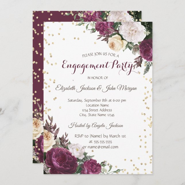 Convites Noivado Floral Dourado Burgundy (Frente/Verso)